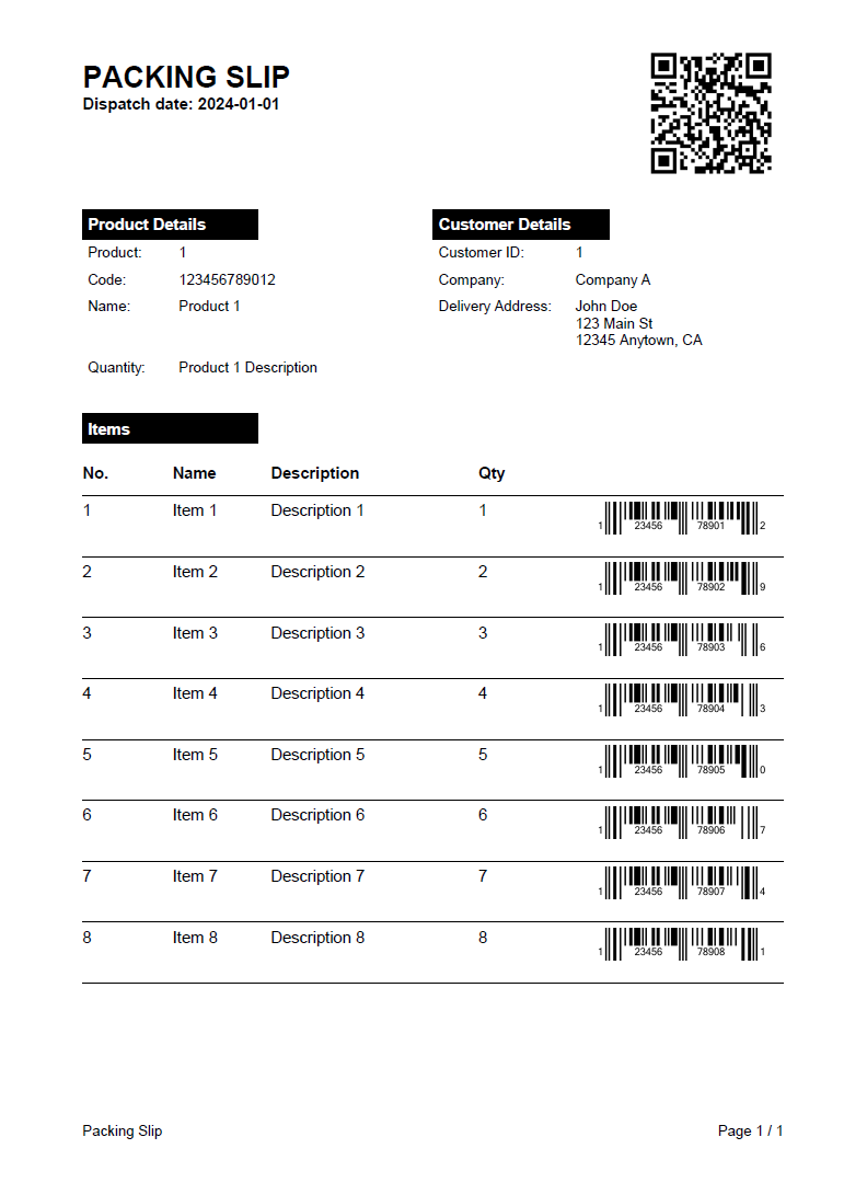 Packing Slip created with TX Text Control